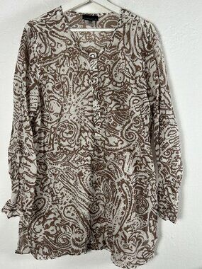 Athleta Womens White Brown Paisley Button-Front Tunic Blouse Top XL Cotton Silk